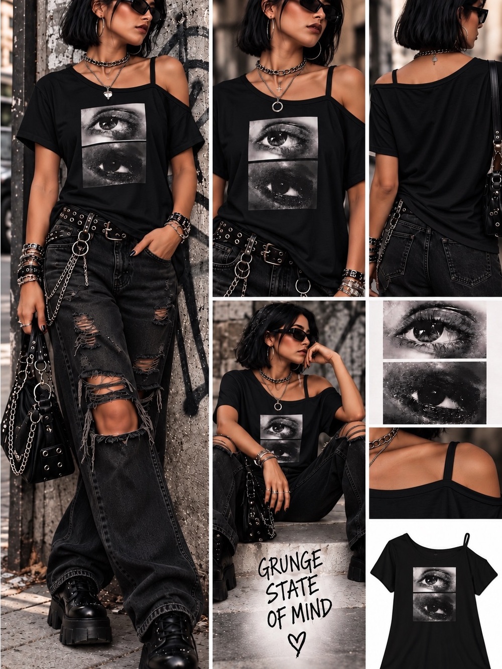 Unbranded Black Off-Shoulder Eye Graphic Tee